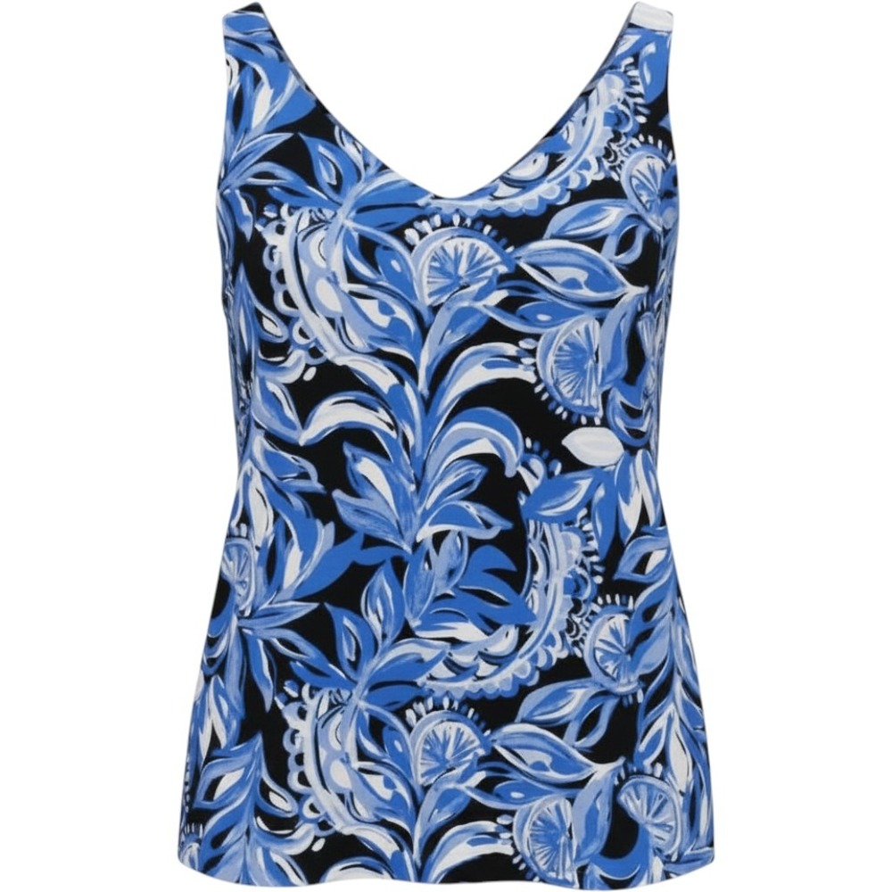 Lilly Pulitzer XS Sleeveless Blouse Blue Floral V Neck Flowy Summer Coastal Top